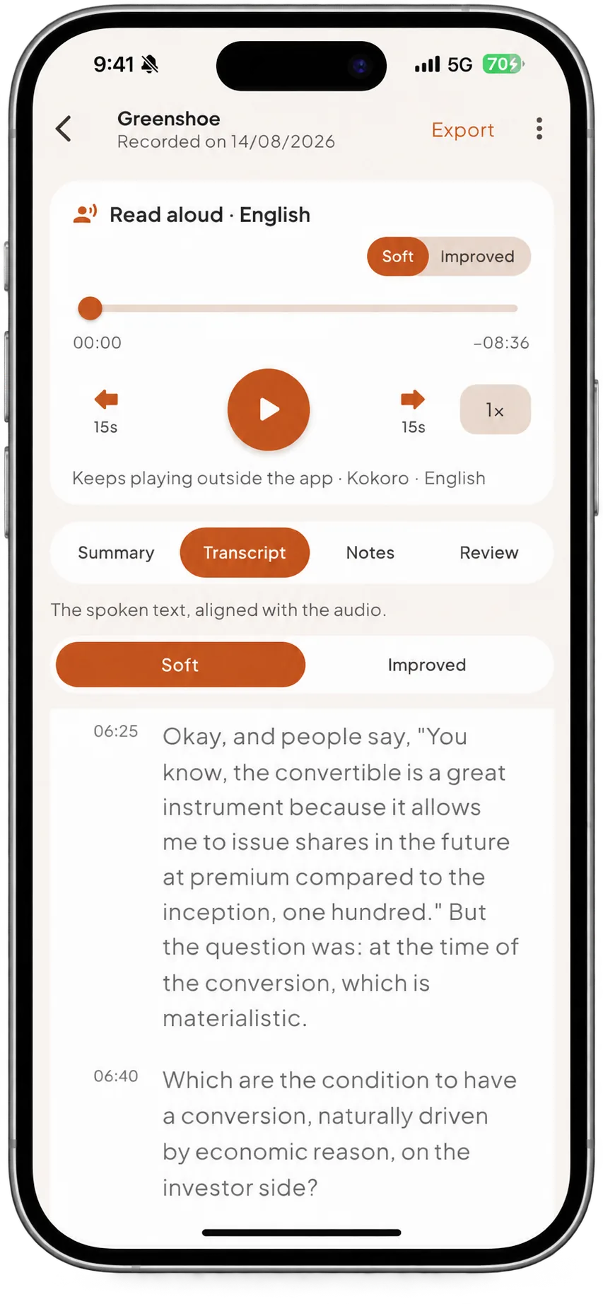 Transcript screen of a lecture recorded in the Scriba app
